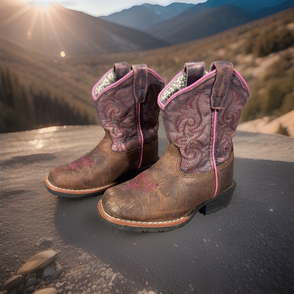 Dan Post Majesty Girls Cowgirl Boots Leather Square Toe Brown Pink Purple Size 6